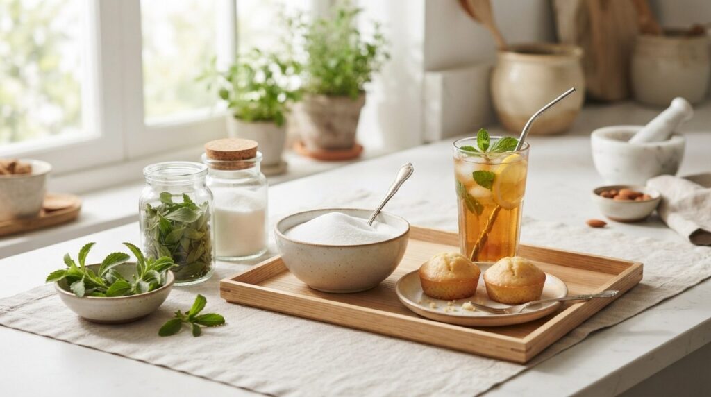 Stevia-blade og keramikskåle med hvid sukkererstatning på lysegrå arbejdsplade ved siden af hjemmebagte kager og iste.